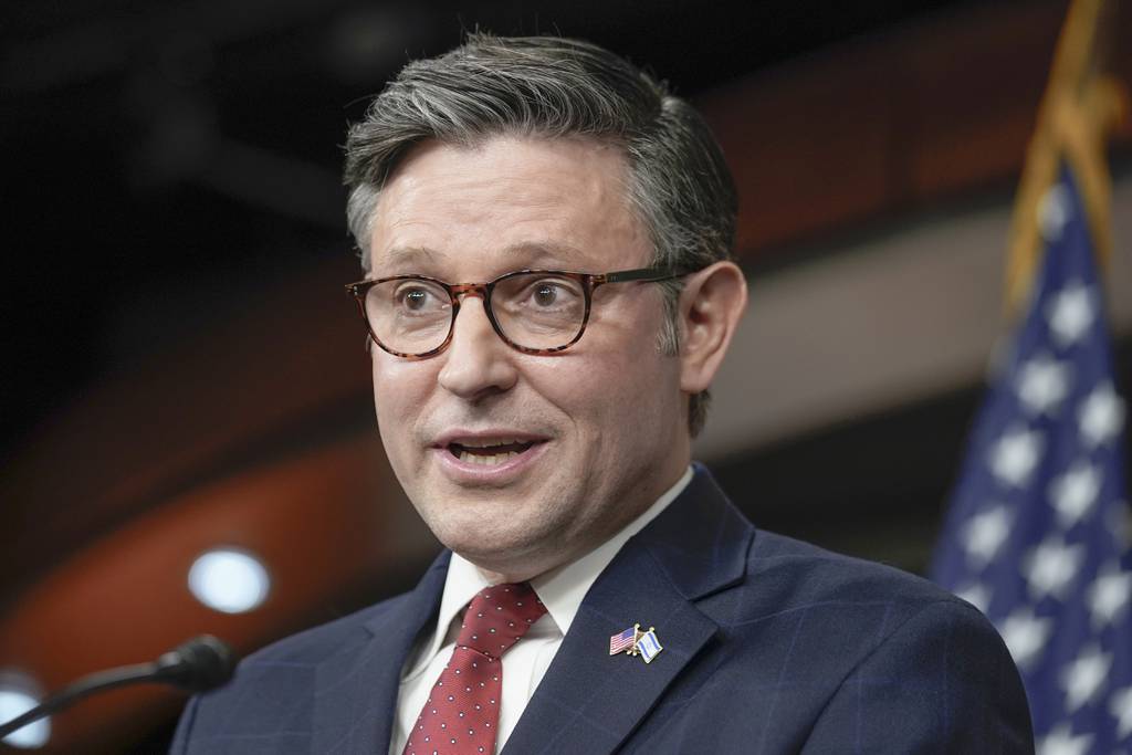 Speaker of the House Mike Johnson, R-La., meets with reporters ahead of a crucial vote on a continuing resolution to keep the government funded at its current levels, a measure not heartily supported by the hard right wing of his party, at the Capitol in Washington, Tuesday, Nov. 14, 2023.